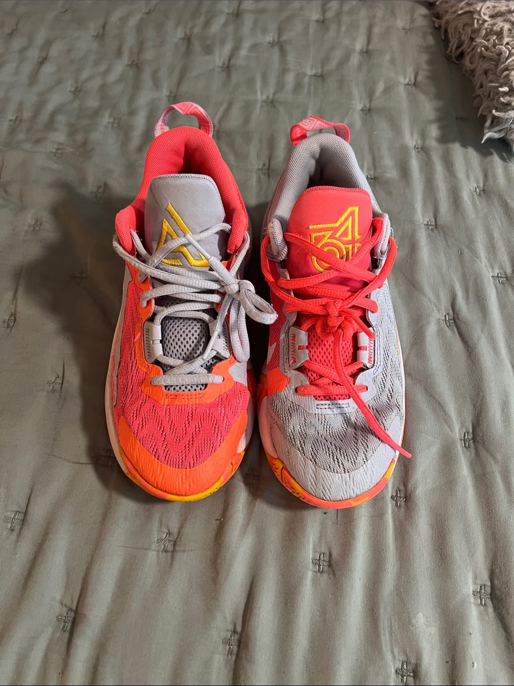 Nike Kids Running Sneakers in Coral, Pink and Gray with Neon Orange Accents